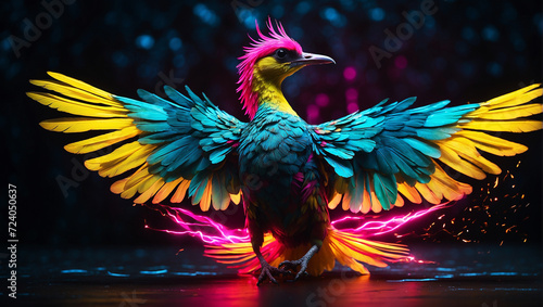 a bird with electrifying feathers that glow in vivid hues of neon yellow, pink, and turquoise.