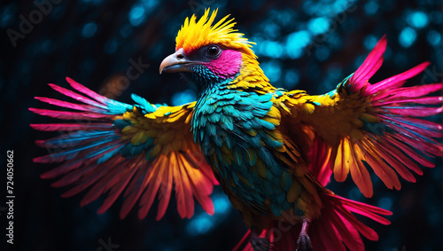 a bird with electrifying feathers that glow in vivid hues of neon yellow, pink, and turquoise. © PixelBook