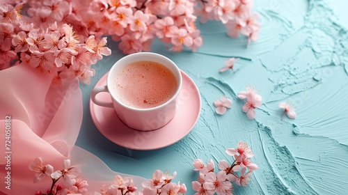 a cup of coffee and a pink scarf on a blue background