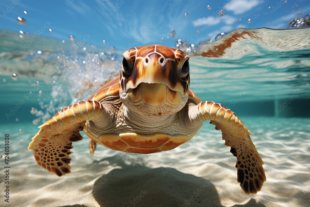 Obraz premium Underwater view of a magnificent sea turtle gracefully swimming