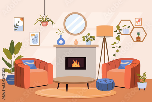 Living room interior. Comfortable chair, fireplace and house plants. Vector flat cartoon illustration