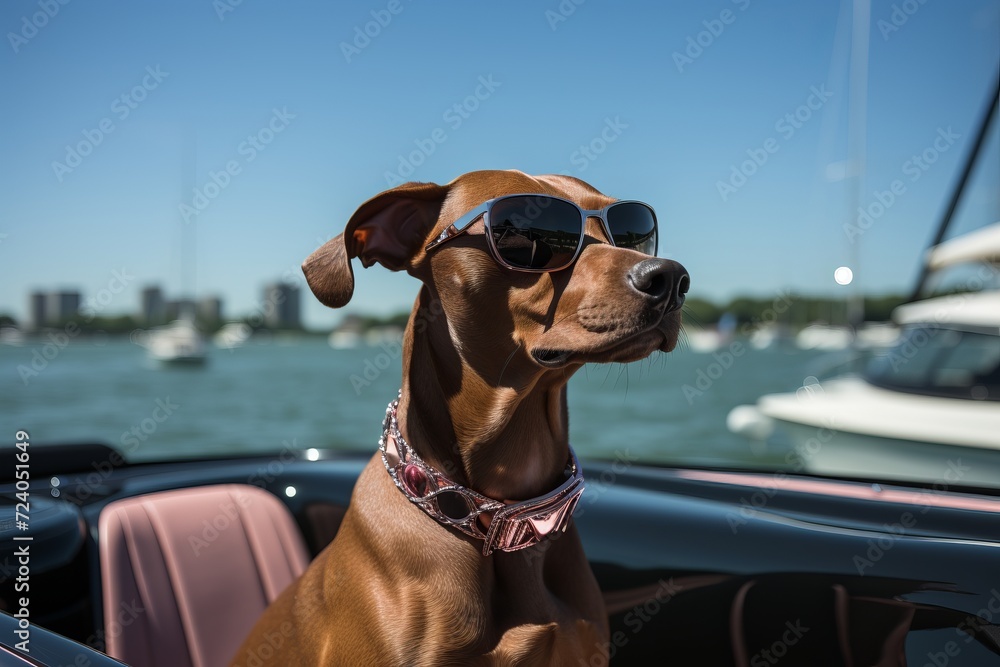 A thoroughbred dog in close-up wearing sunglasses stands on the bow of a yacht sailing on the sea in summer A thoroughbred dog in close-up wearing sunglasses stands on the bow of a yacht sailing on the sea in summer
