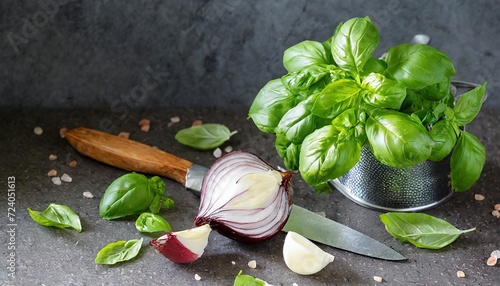 Nourishing Aesthetics: An Exquisite Culinary Symphony featuring an Array of Varied Spices, Fresh Vegetables, and Luscious Fruits, Presented Against a Rustic Backdrop. This Captivating Photo Setup Offe photo