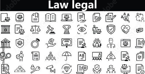 Law icons line set. Agreement, insurance, Justice icon collection. Containing justice law, court legal, lawyer, judgment, authority, criminal and prison icons. Vector illustration photo