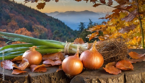 Nourishing Aesthetics: An Exquisite Culinary Symphony featuring an Array of Varied Spices, Fresh Vegetables, and Luscious Fruits, Presented Against a Rustic Backdrop. This Captivating Photo Setup Offe photo