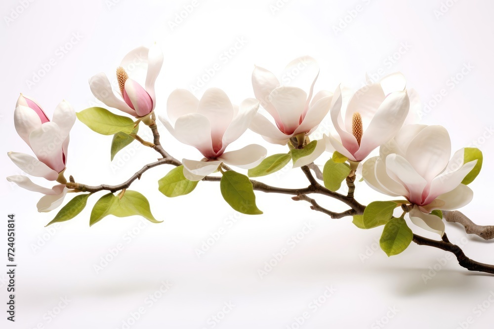Blooming white and pink close-up flowers of magnolia on a branch with young leaves, growing in spring park or botanical garden, with blurred white background Blooming white and pink close-up flowers of magnolia on a branch with young leaves, growing in spring park or botanical garden, with blurred white background