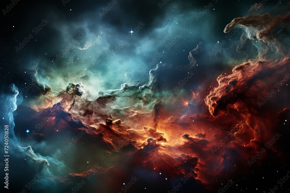 The background of a galaxy shrouded in misty clouds and illuminated by bright stars. Blurred red, blue and green shades of nebulae