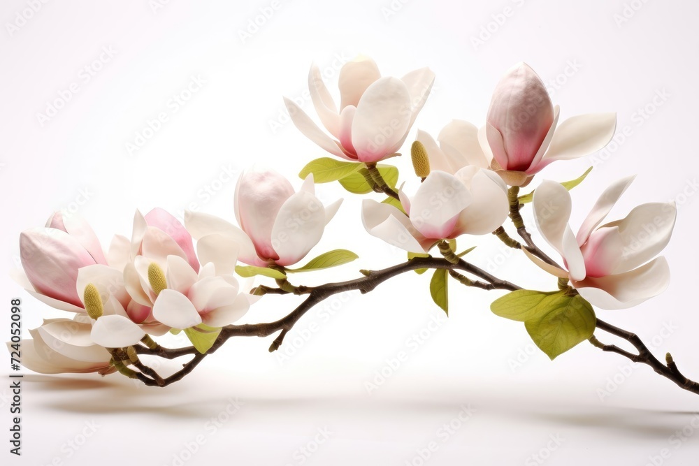 Blooming white and pink close-up flowers of magnolia on a branch with young leaves, growing in spring park or botanical garden, with blurred white background Blooming white and pink close-up flowers of magnolia on a branch with young leaves, growing in spring park or botanical garden, with blurred white background
