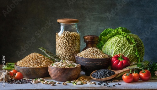 Nourishing Aesthetics: An Exquisite Culinary Symphony featuring an Array of Varied Spices, Fresh Vegetables, and Luscious Fruits, Presented Against a Rustic Backdrop. This Captivating Photo Setup Offe photo