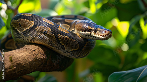 A majestic python gracefully coiled around the branches of a tropical tree, its iridescent scales shimmering in the dappled sunlight filtering through the dense jungle foliage.