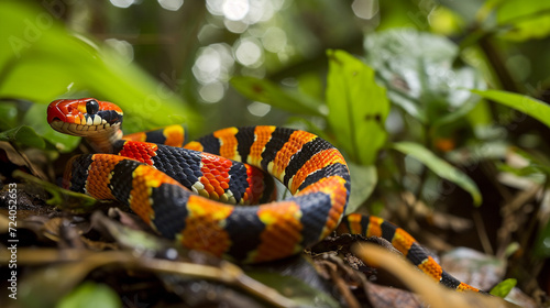 A vibrant coral snake winding its way through the lush undergrowth of a rainforest, its brightly colored bands a warning to potential predators of its potent venom.