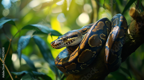 A majestic python gracefully coiled around the branches of a tropical tree, its iridescent scales shimmering in the dappled sunlight filtering through the dense jungle foliage. photo