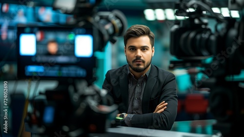 A male TV presenter of news or a program in front of the camera, broadcast on TV news photo