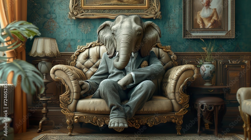 Funny animal , Elephant in Suit Pondering in Vintage Room