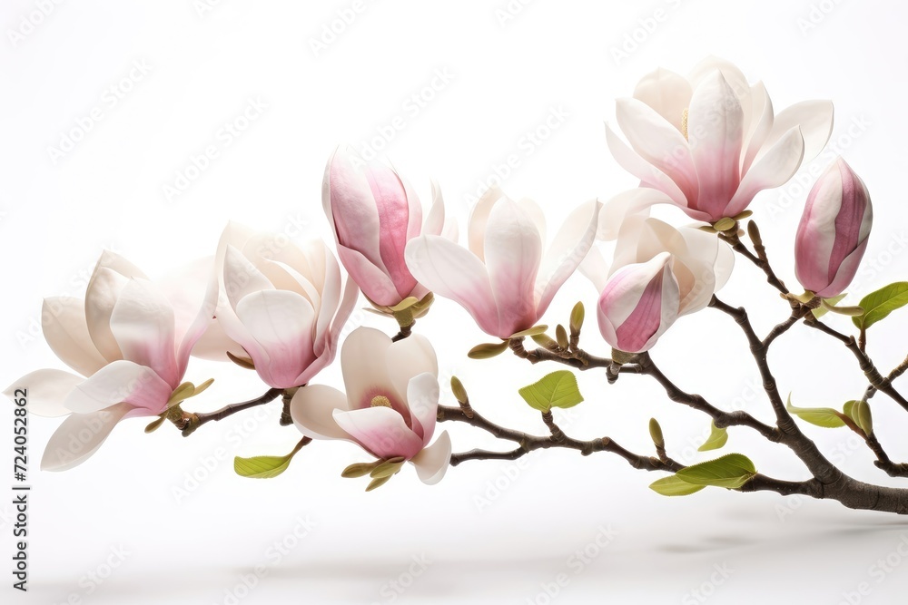 Obraz premium Blooming white and pink close-up flowers of magnolia on a branch with young leaves, growing in spring park or botanical garden, with blurred white background