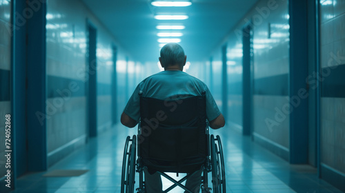 man in wheelchair in a hospital corridor photo