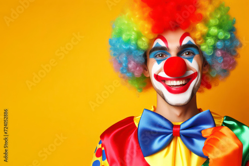 Portrait of a happy colorful clown isolated on solid bright color background. ai generative © Anna