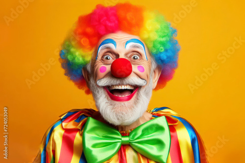 Portrait of a happy colorful old clown isolated on solid bright color background. ai generative