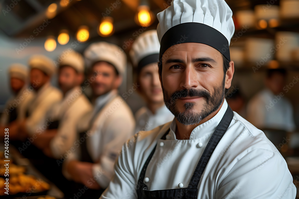 portrait of a bearded chef with his kitchen team portrait of a bearded chef with his kitchen team