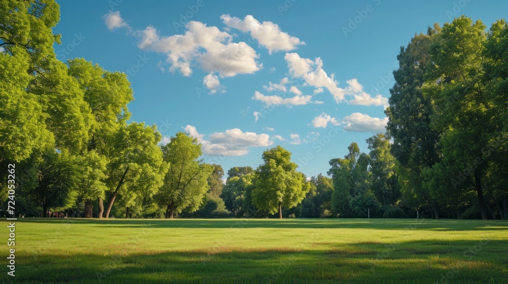 beautiful park in a green meadow with forests and trees in the background with a beautiful amazing blue sky