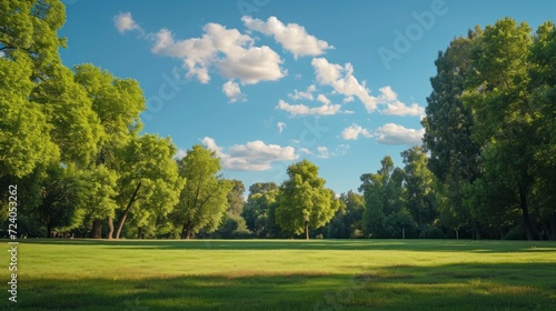 beautiful park in a green meadow with forests and trees in the background with a beautiful amazing blue sky