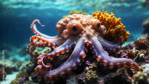 Wonderful ocean, underwater, full of colors and corals, with a very cute and detailed octopus