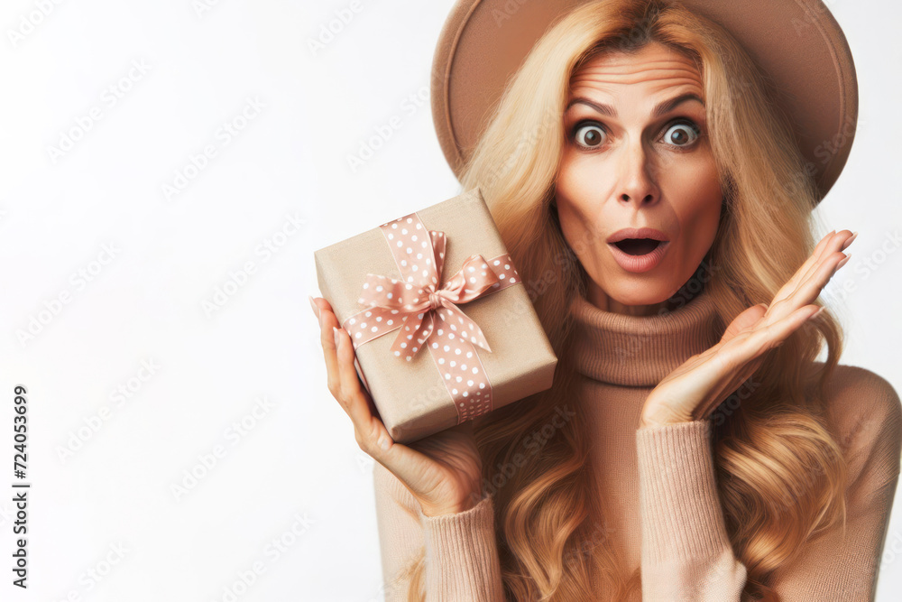 Surprised middle-aged woman holding a gift in hands isolated on solid white background. ai generative Surprised middle-aged woman holding a gift in hands isolated on solid white background. ai generative