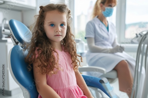 Little girl sitting in a dentist chair with a dentist in the background