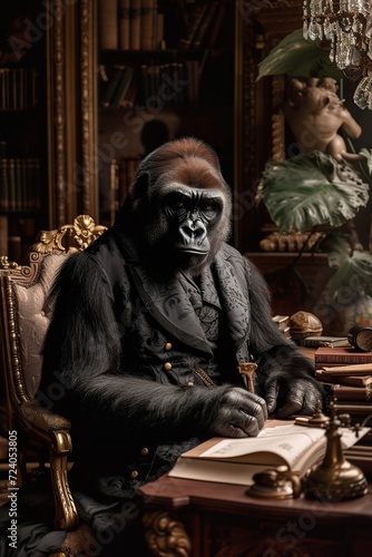 Funny animal , Gorilla Scholar Writing in Library Study