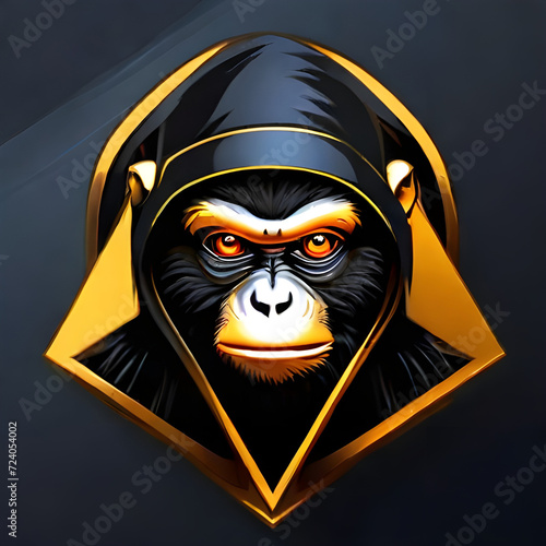 awesome logo of a hacker group using mystic symbols such an monkey, dark fur, golden eyes,  photo