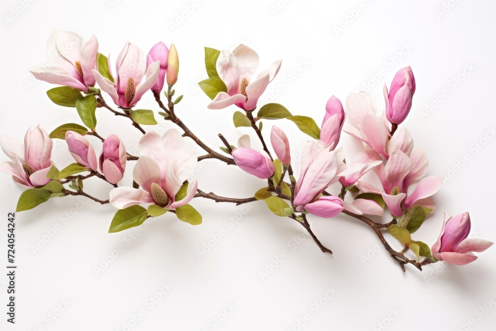Blooming white and pink close-up flowers of magnolia on a branch with young leaves, growing in spring park or botanical garden, with blurred white background Blooming white and pink close-up flowers of magnolia on a branch with young leaves, growing in spring park or botanical garden, with blurred white background