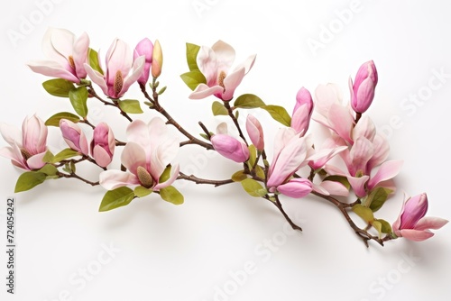 Blooming white and pink close-up flowers of magnolia on a branch with young leaves, growing in spring park or botanical garden, with blurred white background