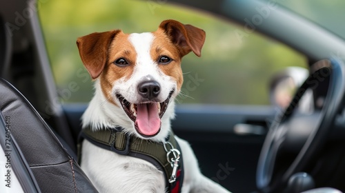 a dog is sitting in the passenger seat of a car © progressman