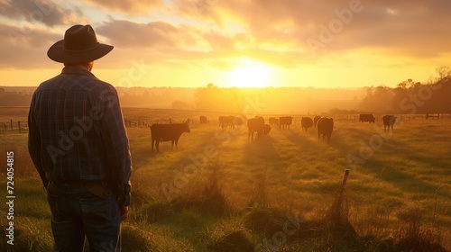 Farmer inspecting pasture with herd of livestock photo
