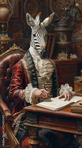 Funny animal , Zebra Writing in Renaissance Study Room