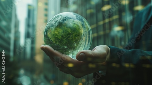 Businessman with Green planet. Renewable energy and efficency concept, Save Environment, Earth day, Worldwide network, internet, Business world concept,  generative ai photo
