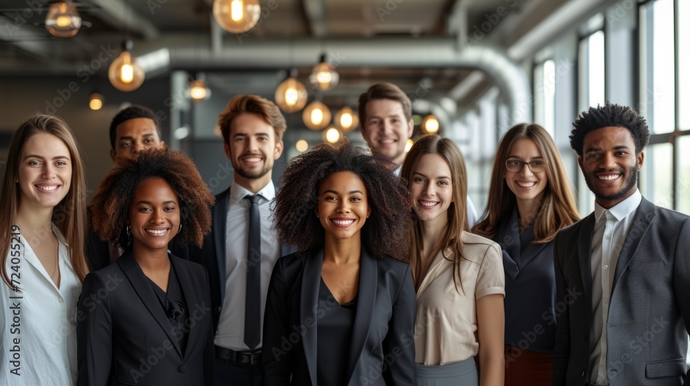 A group of diverse business professionals posing for a photo in an office A group of diverse business professionals posing for a photo in an office
