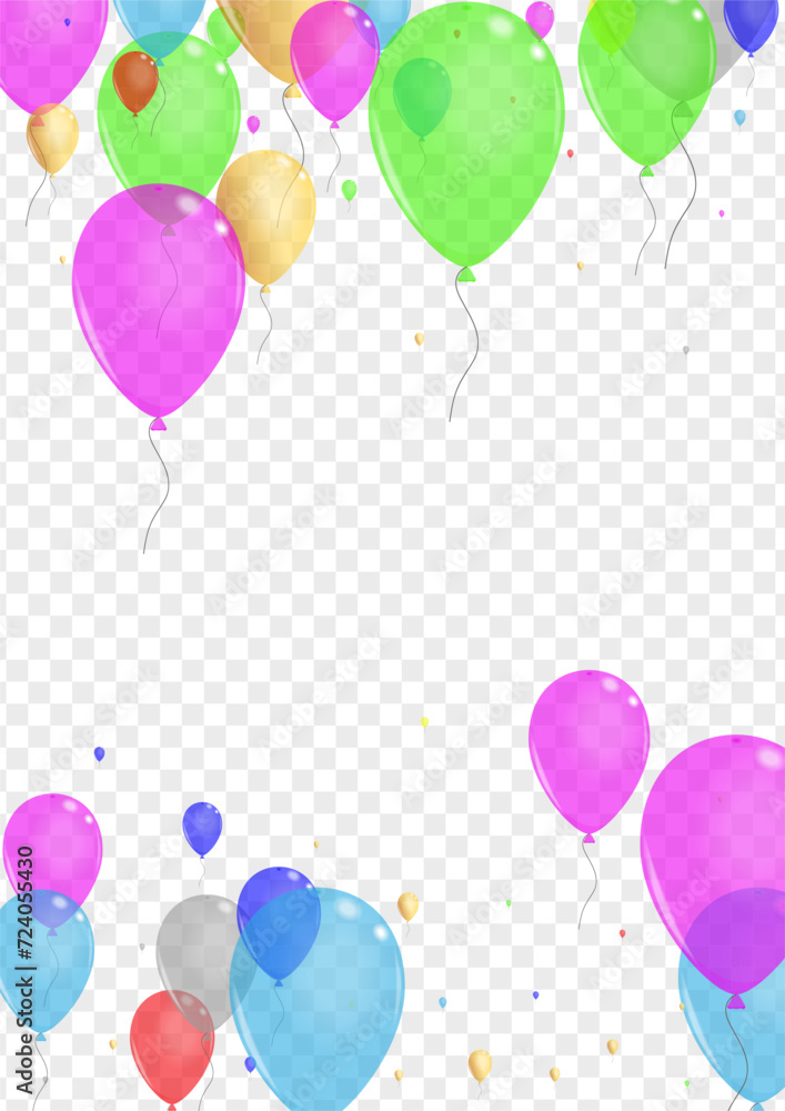 Bright Toy Background Transparent Vector. Confetti Glossy Card. Blue Fun. Pink Surprise. Balloon Isolated Border.