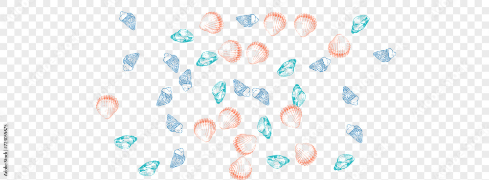 Blue Scallop Background Transparent Vector. Oyster Abstract Texture. Watercolor Design. Gray Shell Doodle Wallpaper. Orange Clam.