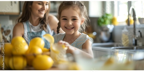 Happy family moment, mother and daughter in the kitchen. joyful cooking, fresh lemons on the table. lifestyle image. AI