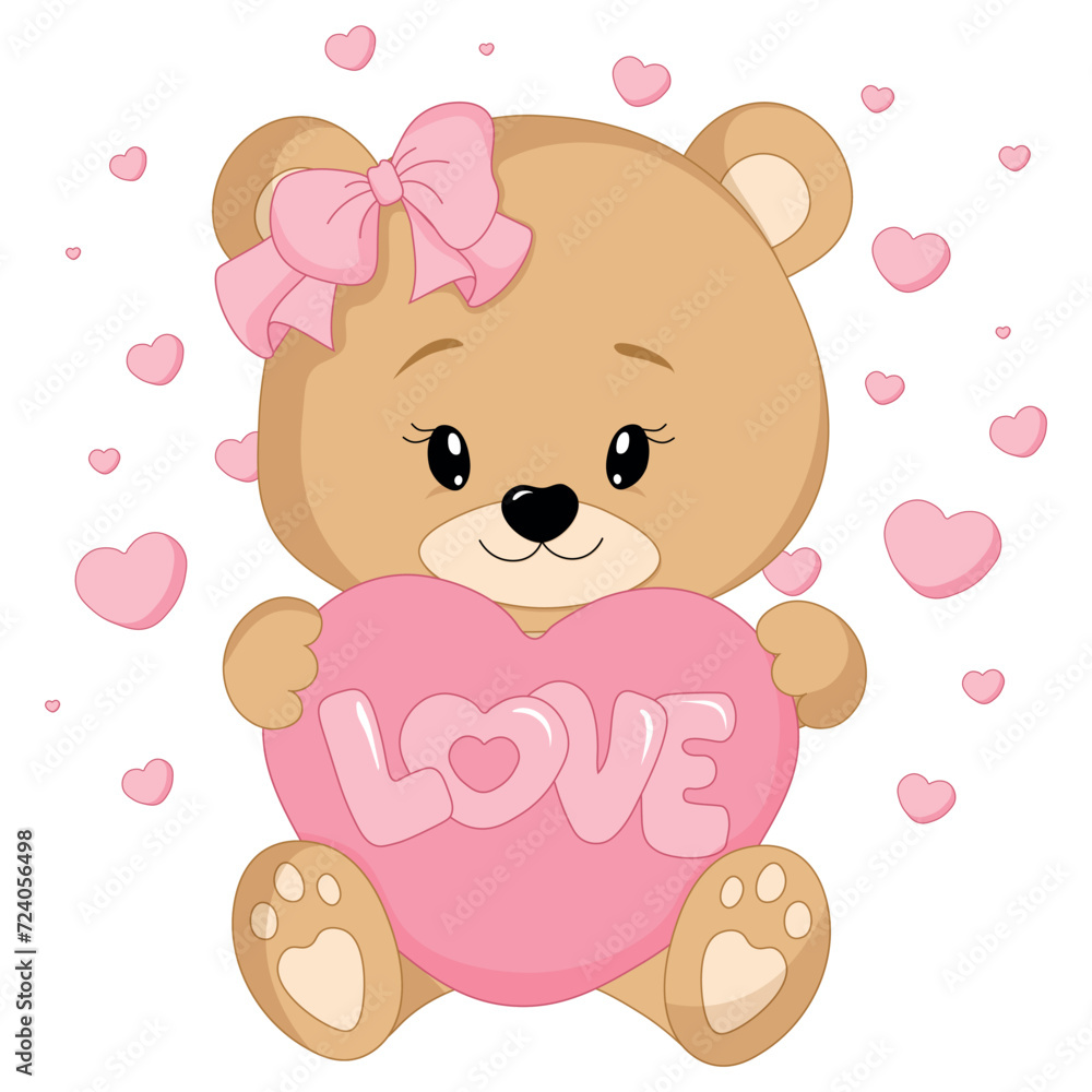 Cute teddy bear with a big pink heart isolated on a transparent background. Happy Valentine's Day. Vector illustration Cute teddy bear with a big pink heart isolated on a transparent background. Happy Valentine's Day. Vector illustration