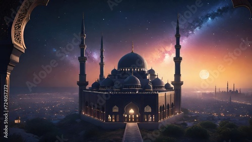 Starry Night Big Mosque Silhouette. Suitable for Ramadan concept, Islamic concept, Greeting card, Wallpaper, Background, Illustration, etc 