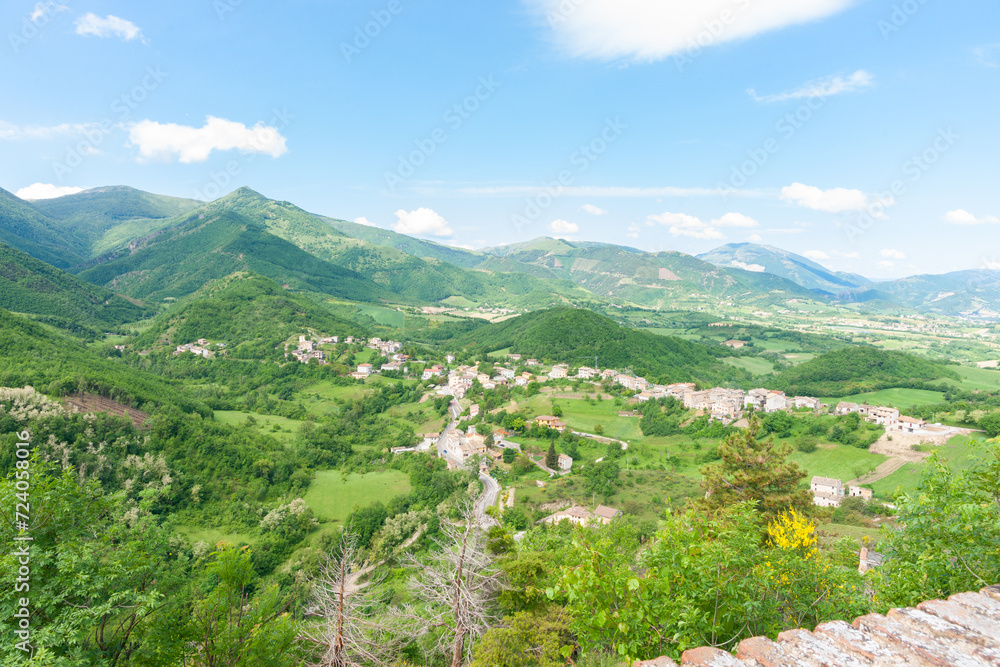 Wide Italian landscape and small village of Frontone