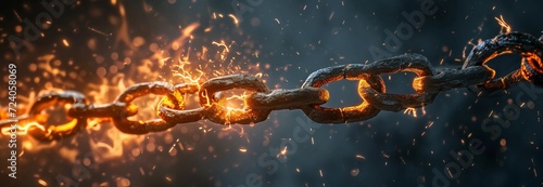 Dramatic image of heavy chains breaking apart with vivid sparks and flames against a dark background