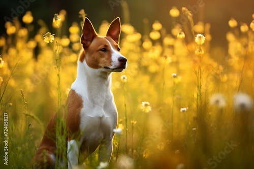 Basenji dog sitting in meadow field surrounded by vibrant wildflowers and grass on sunny day AI Generated © stocksbyrs