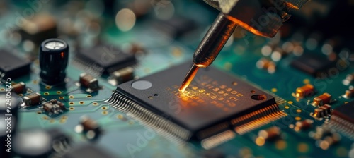 A Close-Up View of a Soldering Iron Meticulously Working on a Computer Chip Circuit Board
