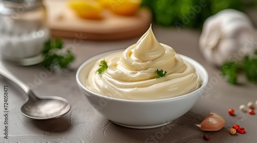 A Close-Up of Delicious Mayonnaise in a Bowl with a Spoon, Set on a Kitchen Table photo