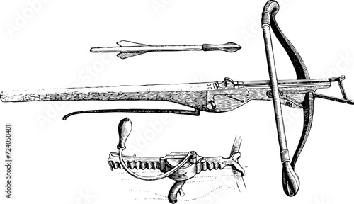Crossbow, with dart illustration historic vintage weapon