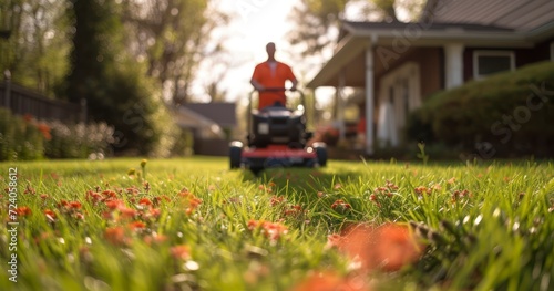 Grass Grooming - Grass maintenance Man using a mower to trim the yard