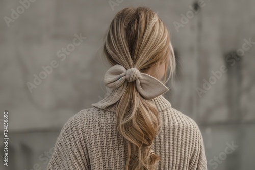 blonde woman from the back with a ponytail and a bow wearing cashmere sweater, neutral colors close up photo